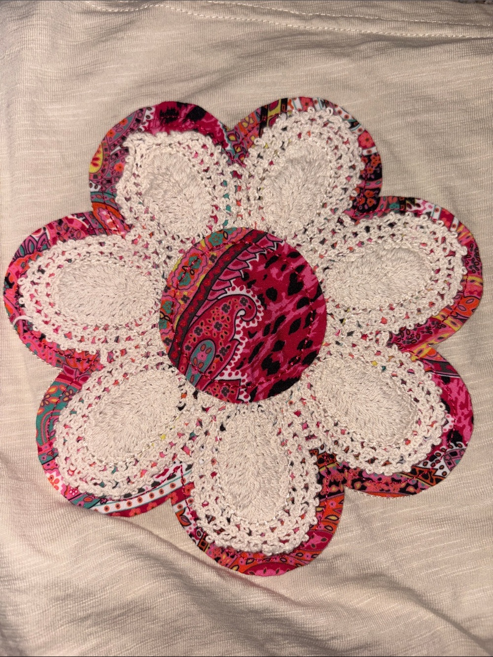 Beige Off the Shoulder Short Sleeve Tee with Pink Floral Applique - Picture 4 of 4